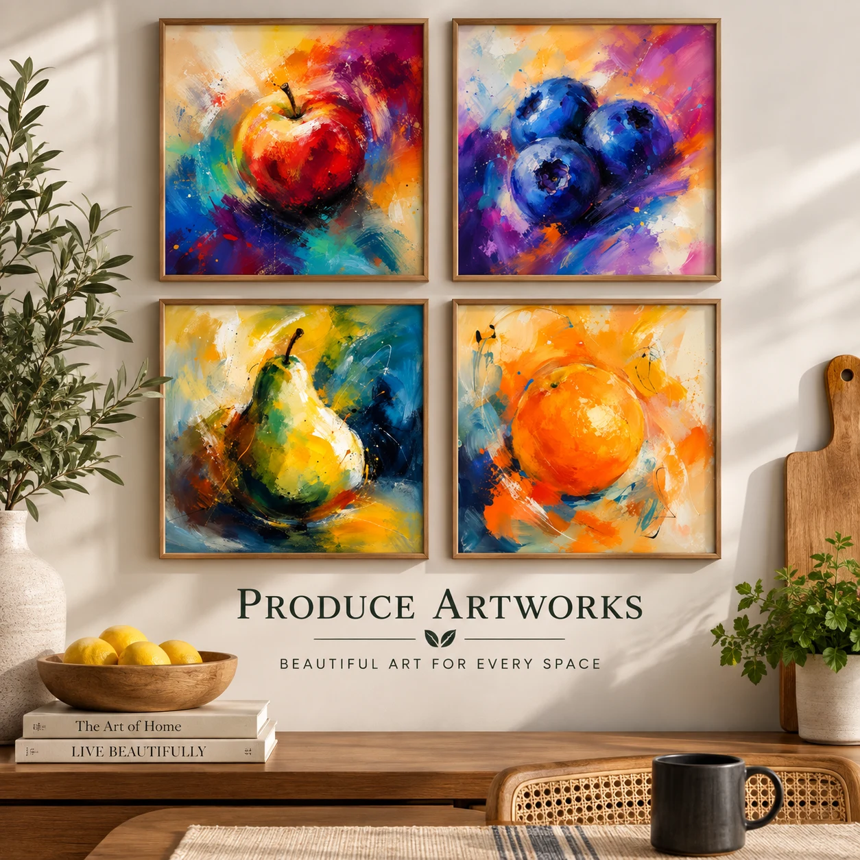 Four abstract fruit prints displayed together above a kitchen table