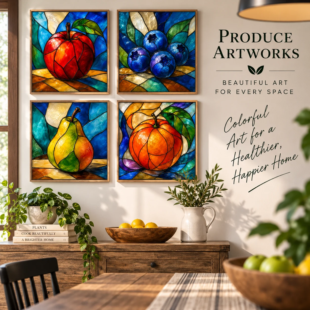 Stained-glass-style fruit wall art set in a dining room